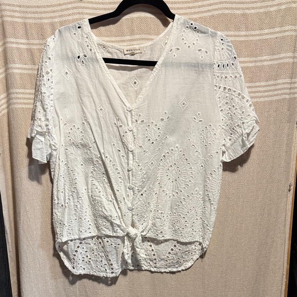 Main Strip Tops - Main Strip White Eyelet Button-Down Blouse